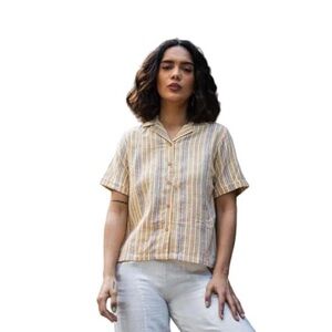 TRADITION | Cottage Collection Striped Short Sleeve Button Up Embroidered Shirt
